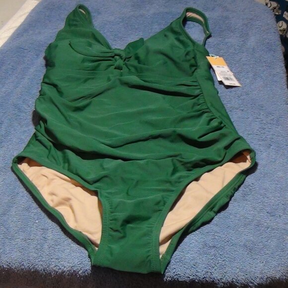 Kona Sol Womens Tie Front High Coverage One Piece Swimsuit Green M XL - Picture 1 of 16